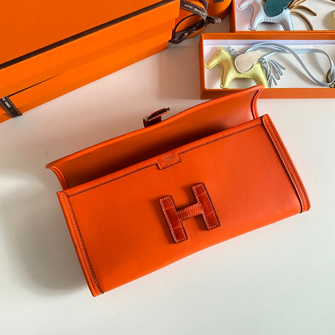 HM Jige Elan 29 Clutch In Bright Orange Calfskin With Lizard Skin(25 days of production)