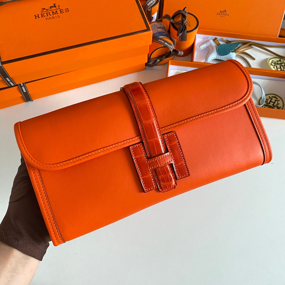 HM Jige Elan 29 Clutch In Bright Orange Calfskin With Lizard Skin(25 days of production)