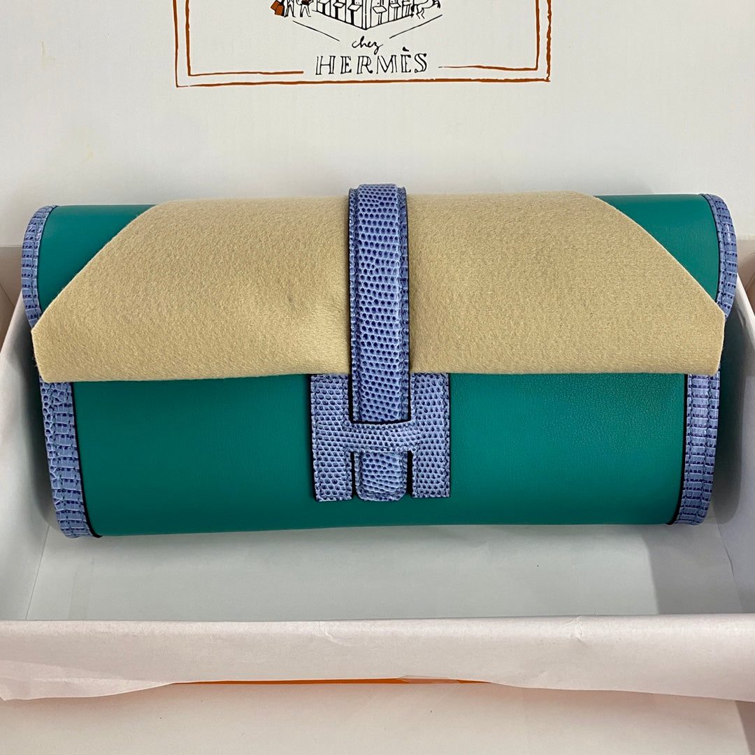 HM Jige Elan 29 Clutch In Teal Green Calfskin With Royal Blue Lizard Skin (25 days of production)