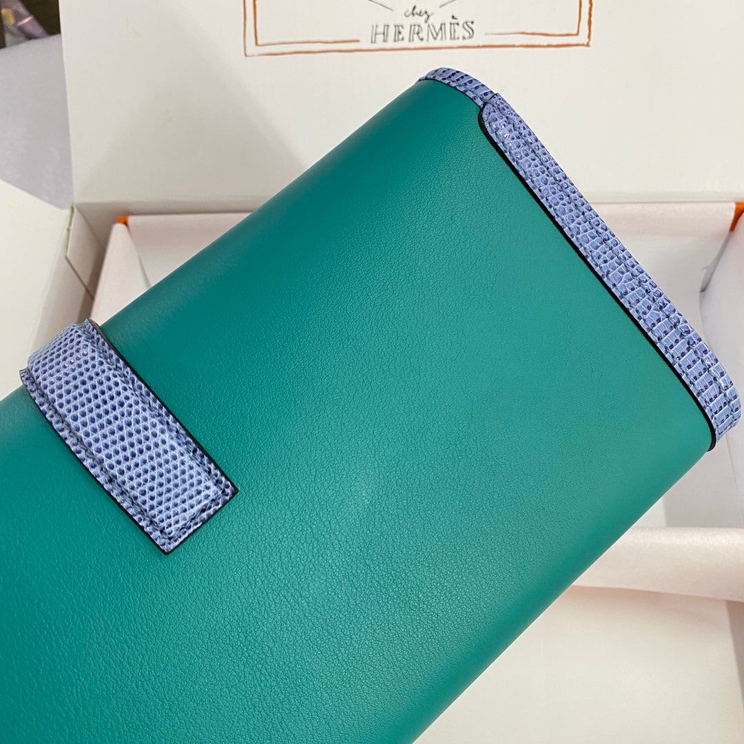 HM Jige Elan 29 Clutch In Teal Green Calfskin With Royal Blue Lizard Skin (25 days of production)