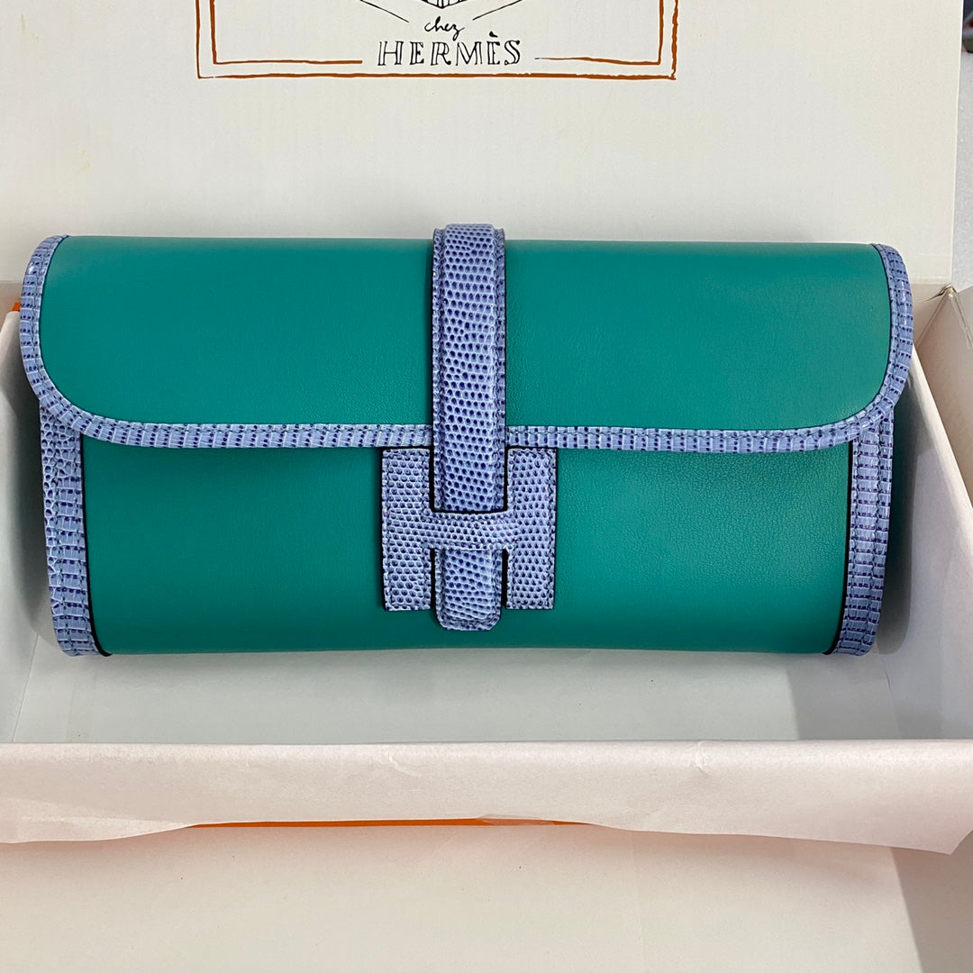 HM Jige Elan 29 Clutch In Teal Green Calfskin With Royal Blue Lizard Skin (25 days of production)
