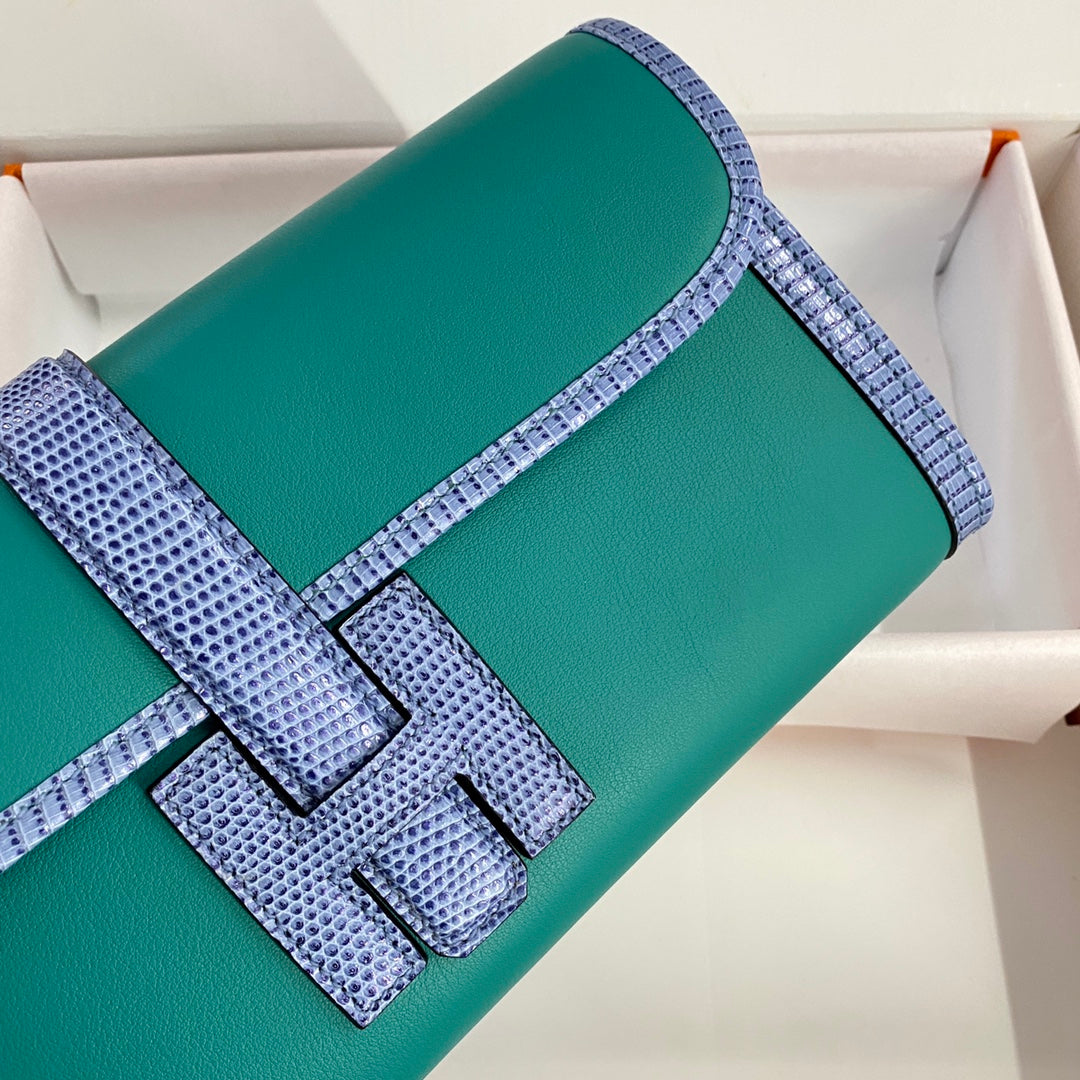 HM Jige Elan 29 Clutch In Teal Green Calfskin With Royal Blue Lizard Skin (25 days of production)