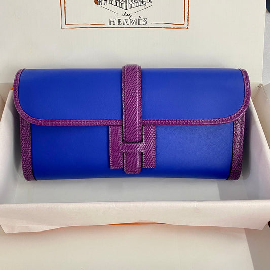 HM Jige Elan 29 Clutch In Cobalt Blue Calfskin With Violet Purple Lizard Skin(25 days of production)