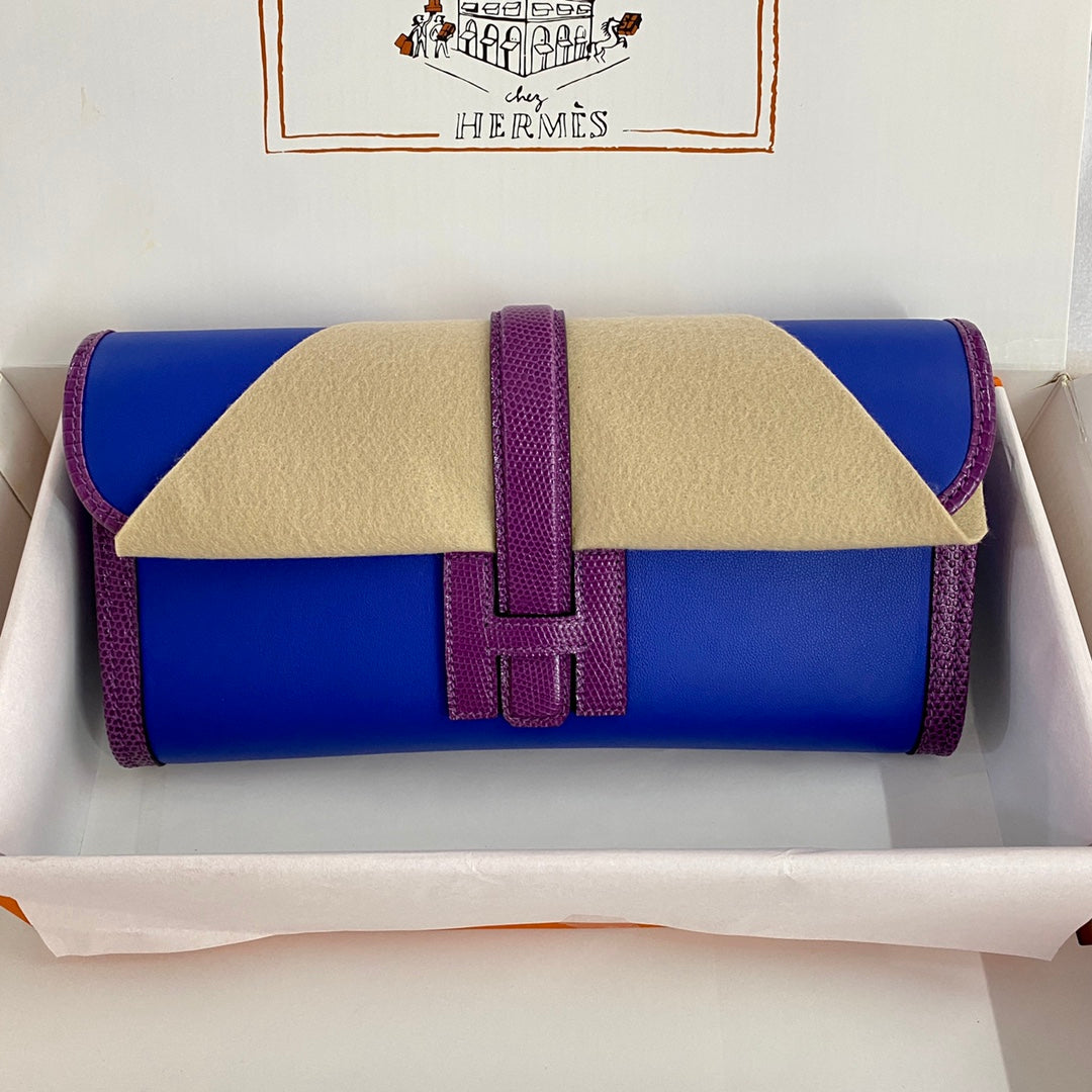 HM Jige Elan 29 Clutch In Cobalt Blue Calfskin With Violet Purple Lizard Skin(25 days of production)