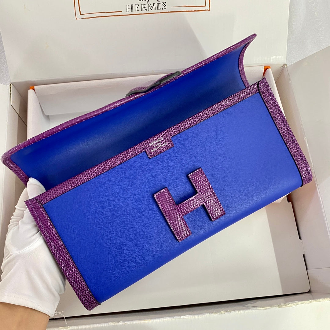 HM Jige Elan 29 Clutch In Cobalt Blue Calfskin With Violet Purple Lizard Skin(25 days of production)