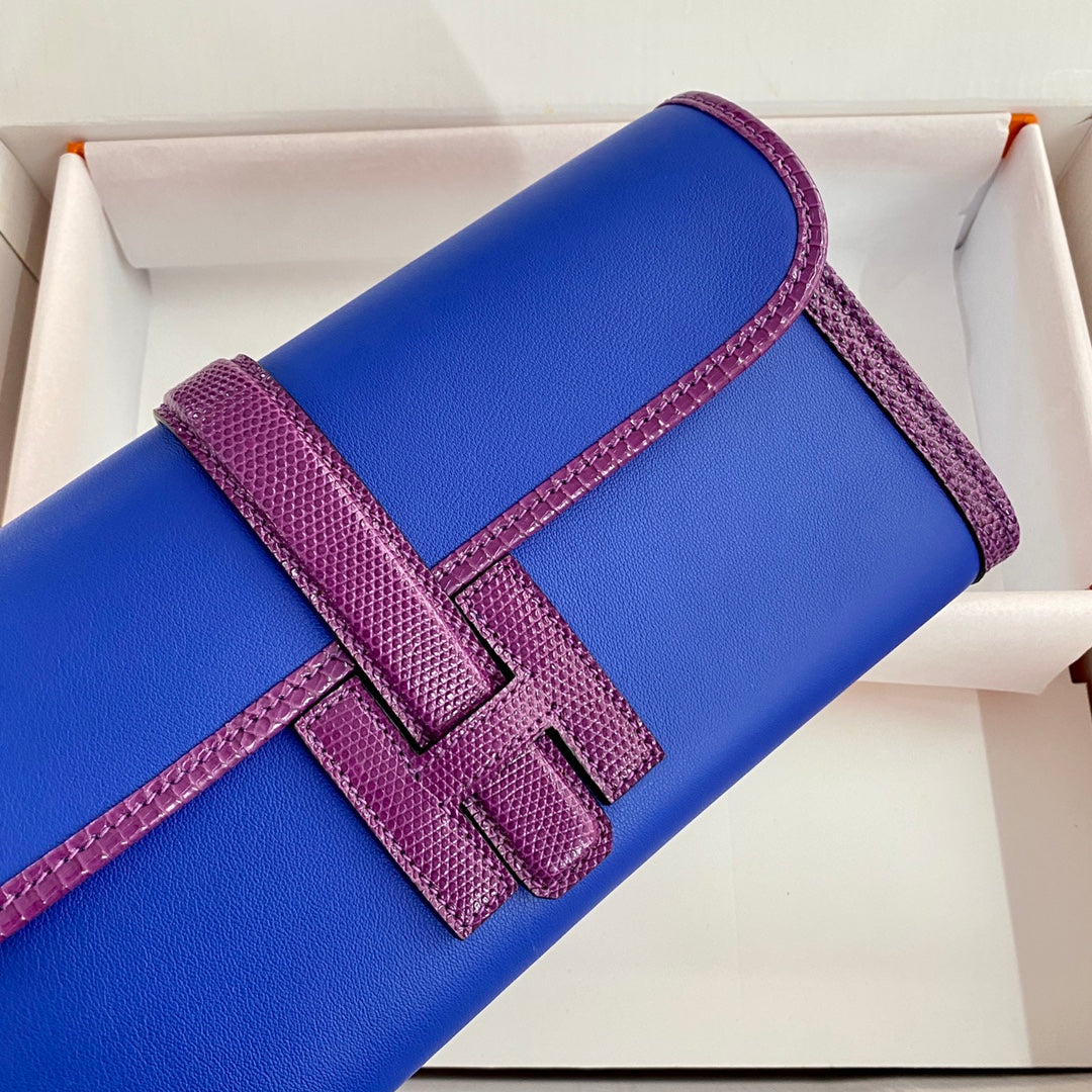 HM Jige Elan 29 Clutch In Cobalt Blue Calfskin With Violet Purple Lizard Skin(25 days of production)