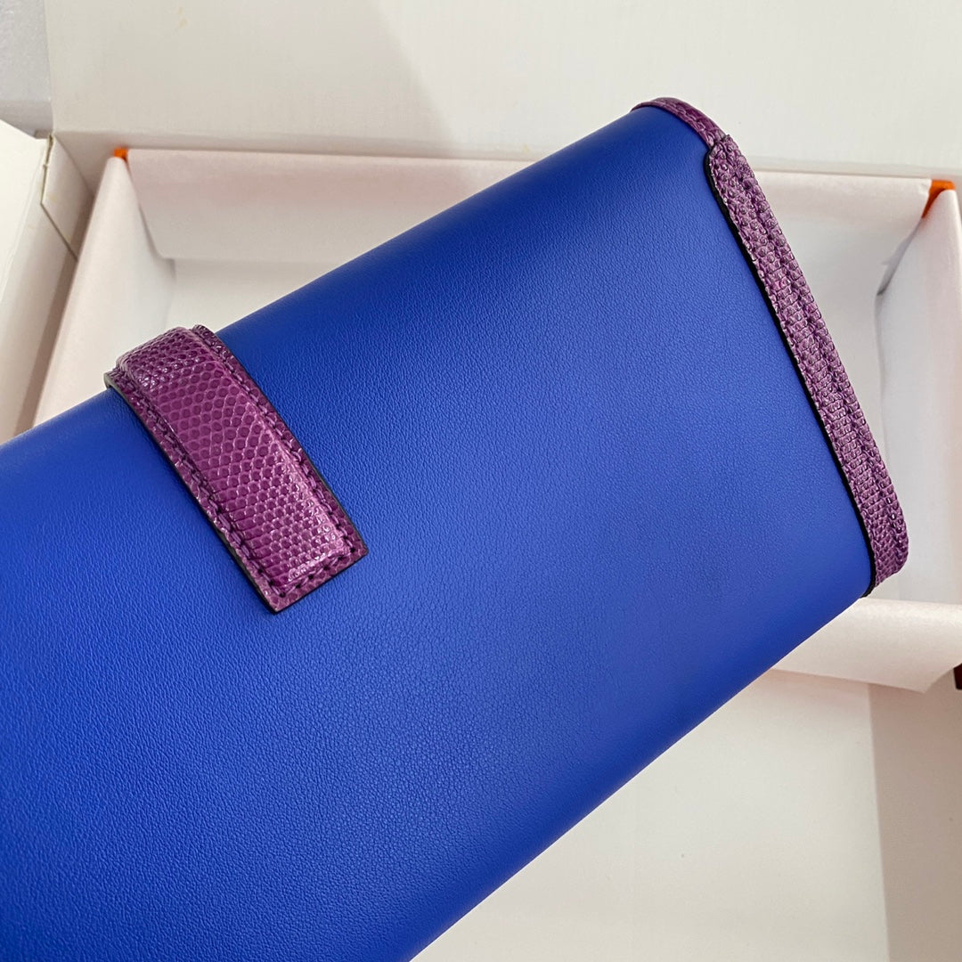 HM Jige Elan 29 Clutch In Cobalt Blue Calfskin With Violet Purple Lizard Skin(25 days of production)