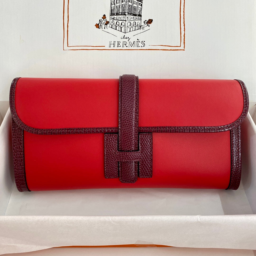 HM Jige Elan 29 Clutch In Candy Red Calfskin With Wine Red Lizard Skin (25 days of production)