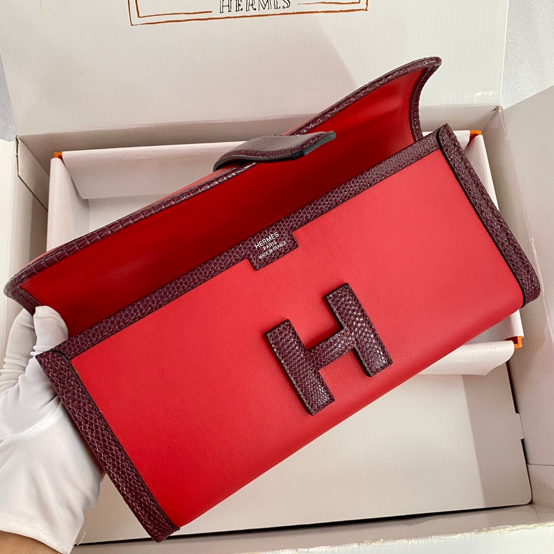 HM Jige Elan 29 Clutch In Candy Red Calfskin With Wine Red Lizard Skin (25 days of production)