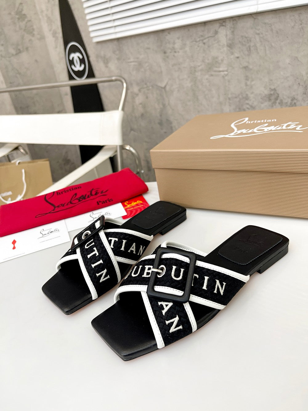 Christian Louboutin 2026 Crossimule Flat Slides Canvas Leather 780389
