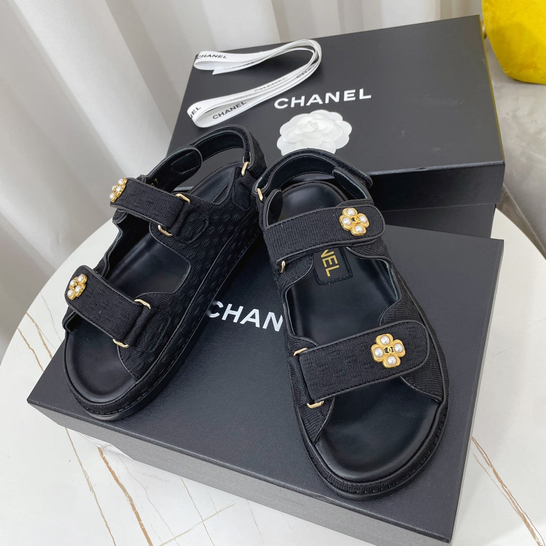 Chanel 26s Sandals Black Textured Fabric