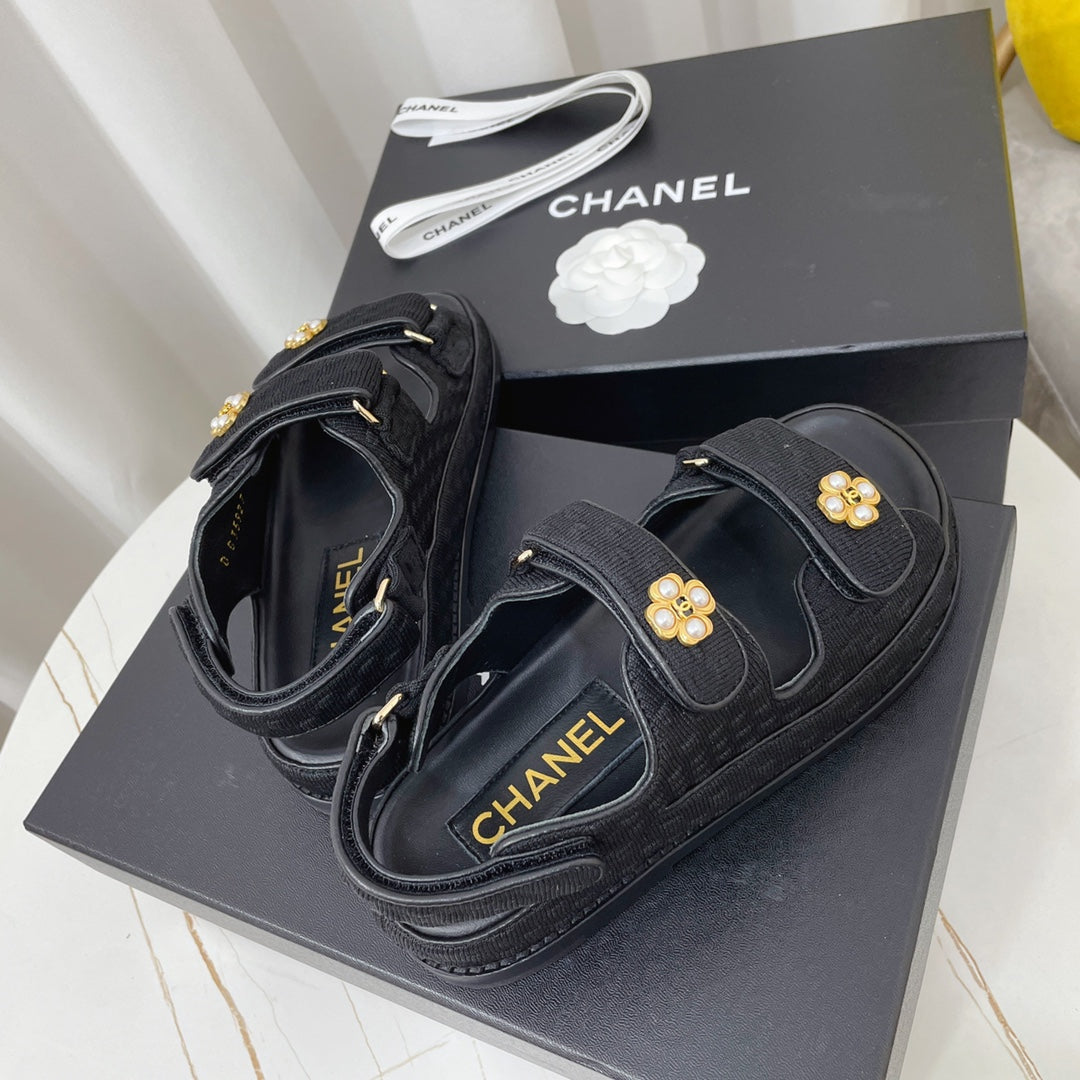 Chanel 26s Sandals Black Textured Fabric