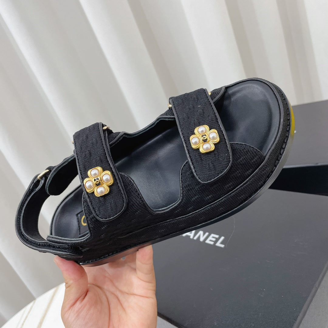Chanel 26s Sandals Black Textured Fabric