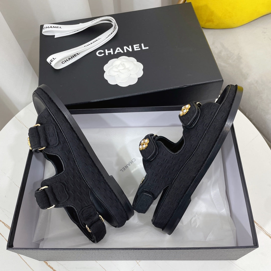 Chanel 26s Sandals Black Textured Fabric