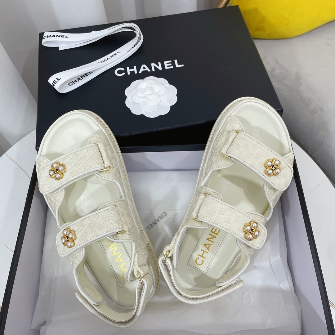 Chanel 26s Sandals White Textured Fabric