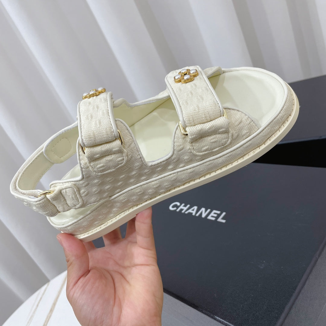 Chanel 26s Sandals White Textured Fabric