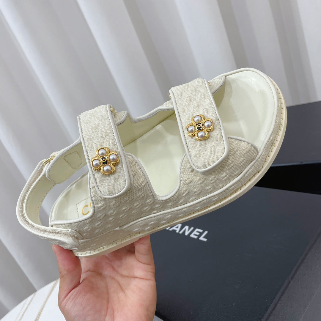 Chanel 26s Sandals White Textured Fabric