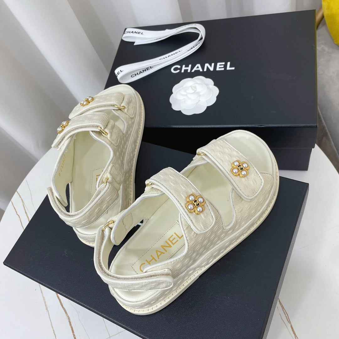 Chanel 26s Sandals White Textured Fabric