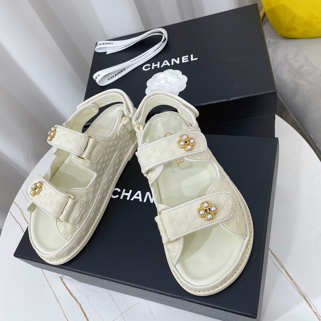 Chanel 26s Sandals White Textured Fabric