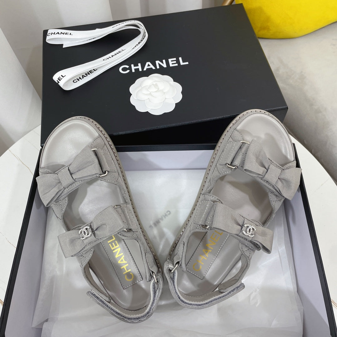 Chanel 26s Sandals Grey Fabric Bow Embellishment
