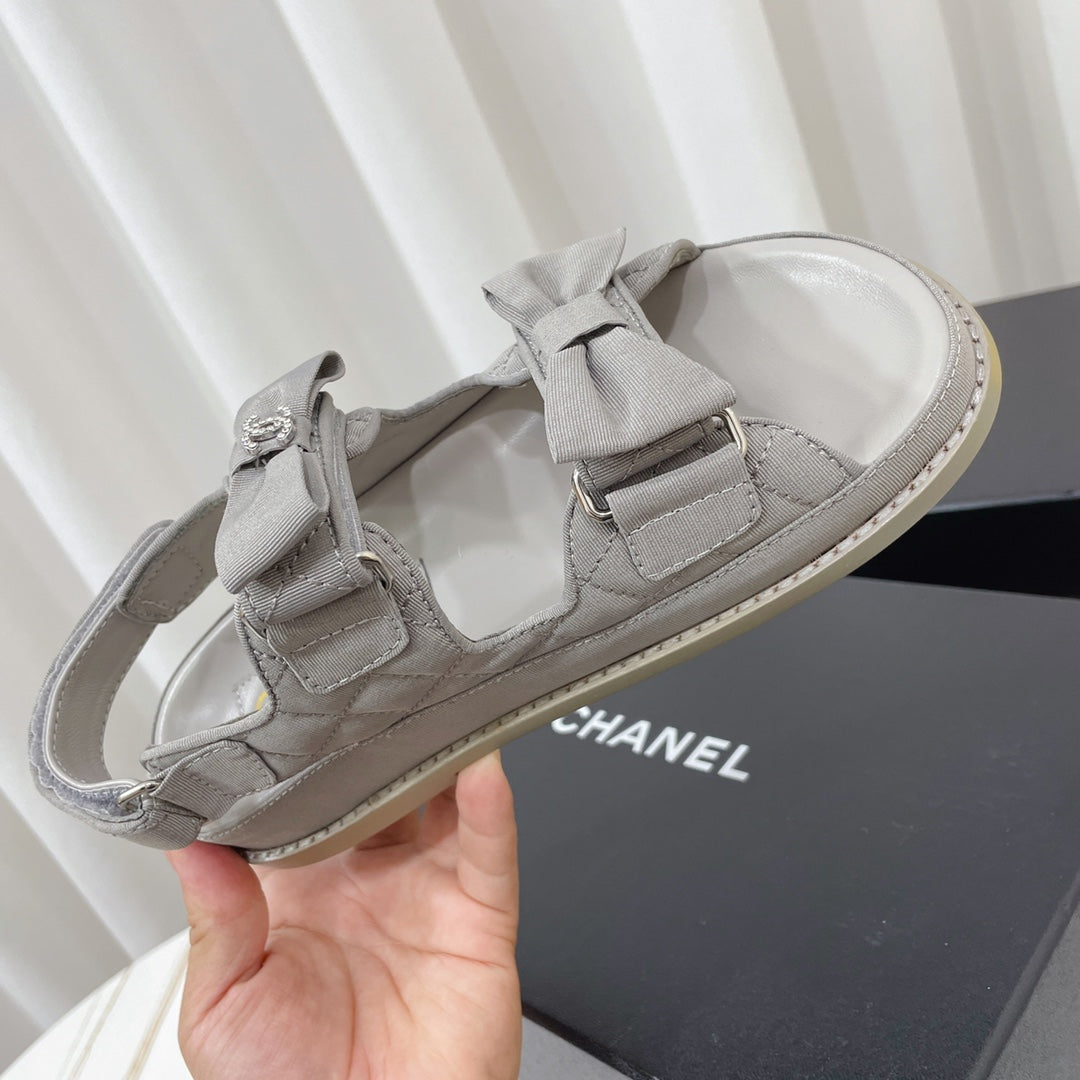 Chanel 26s Sandals Grey Fabric Bow Embellishment