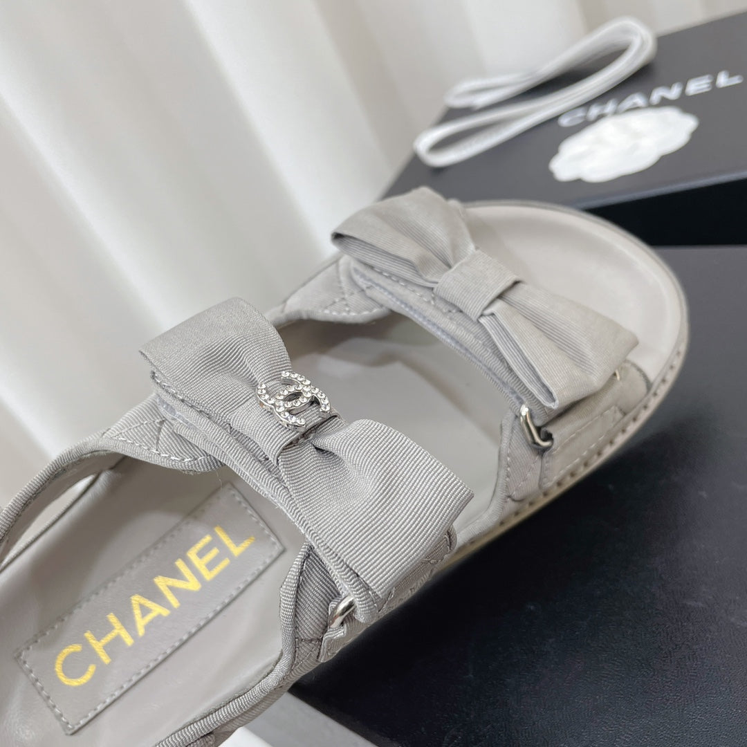 Chanel 26s Sandals Grey Fabric Bow Embellishment