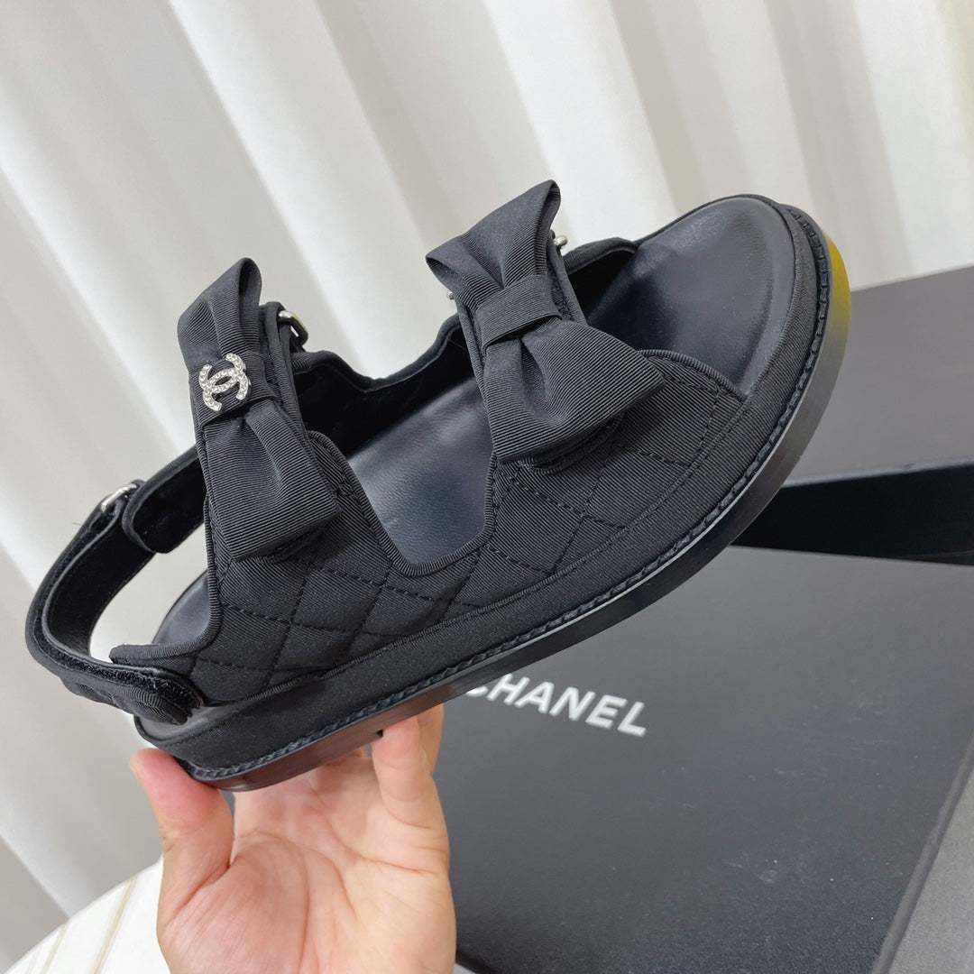 Chanel 26s Sandals Black Fabric Bow Embellishment