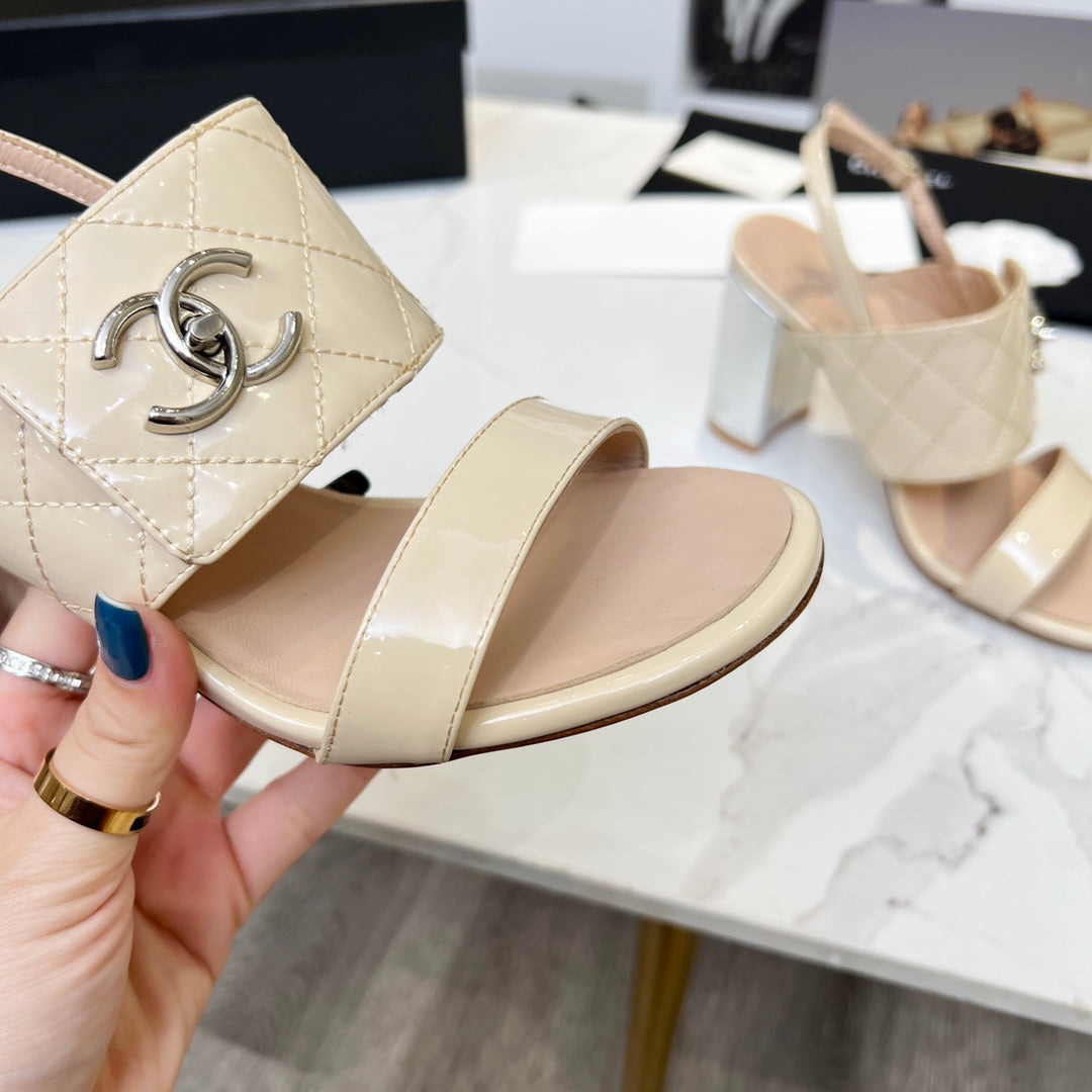 CC 26s Two-Strap Sandals 9cm Beige Patent Leather 867762