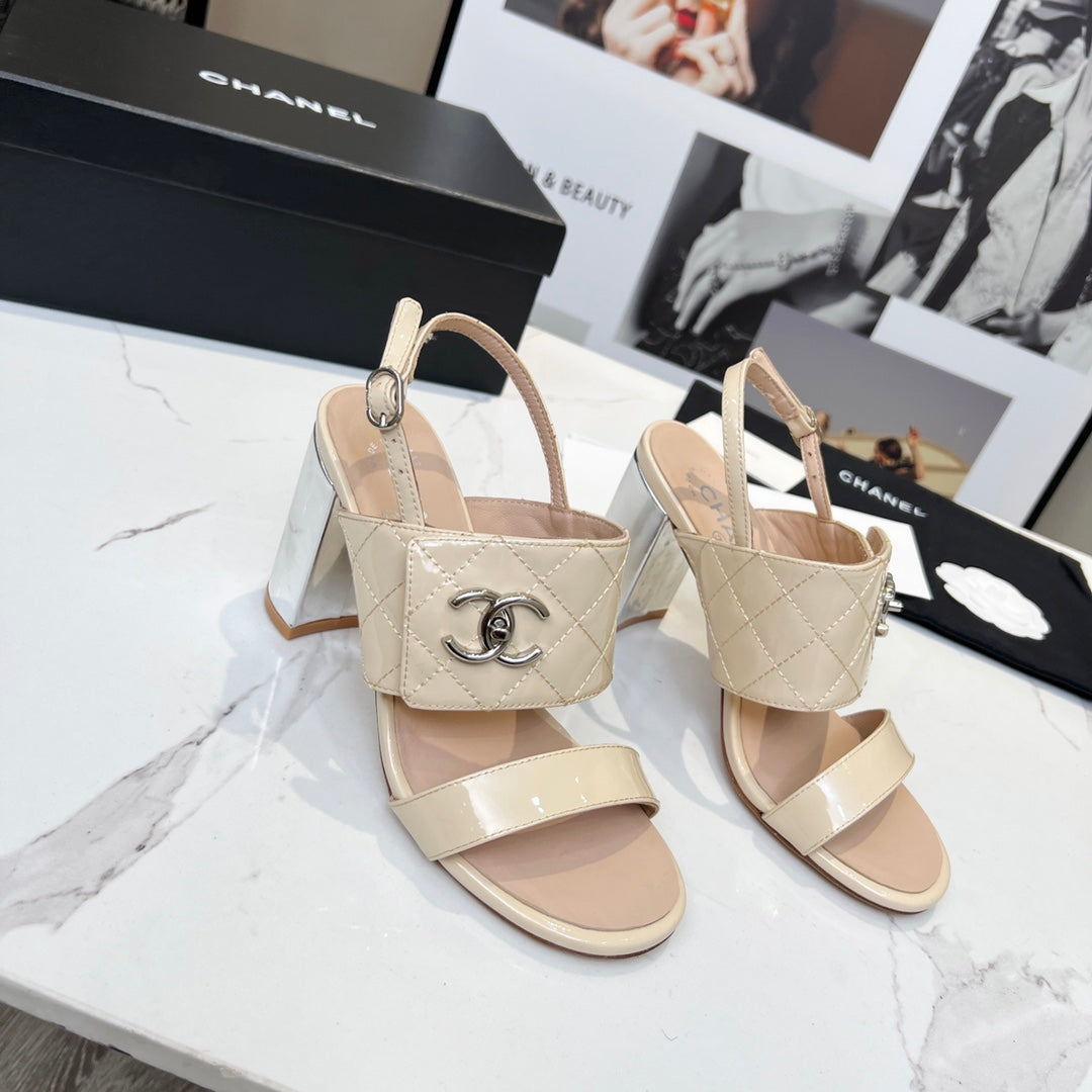 CC 26s Two-Strap Sandals 9cm Beige Patent Leather 867762