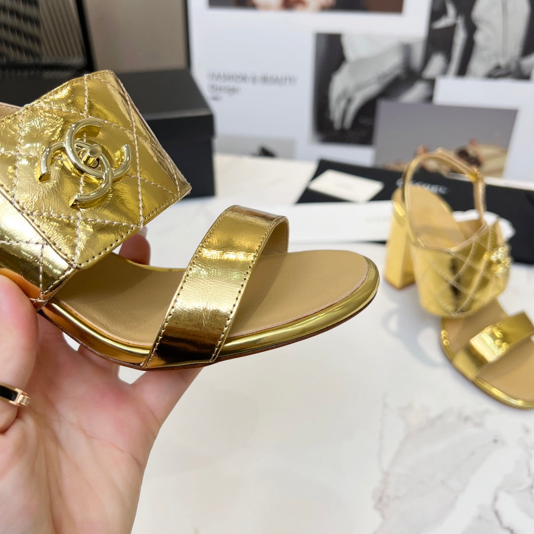 CC 26s Two-Strap Sandals 9cm Gold Patent Leather 867759