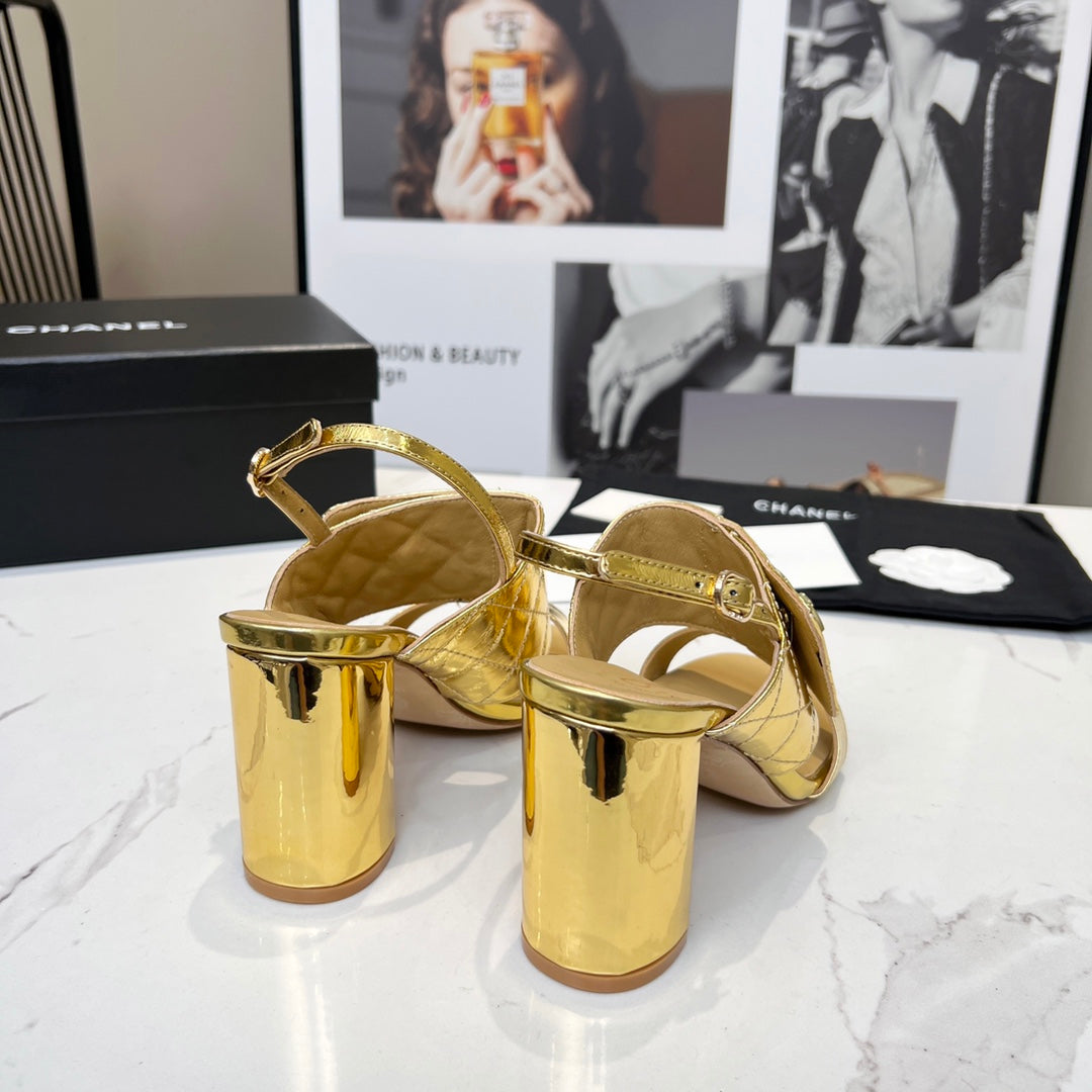CC 26s Two-Strap Sandals 9cm Gold Patent Leather 867759