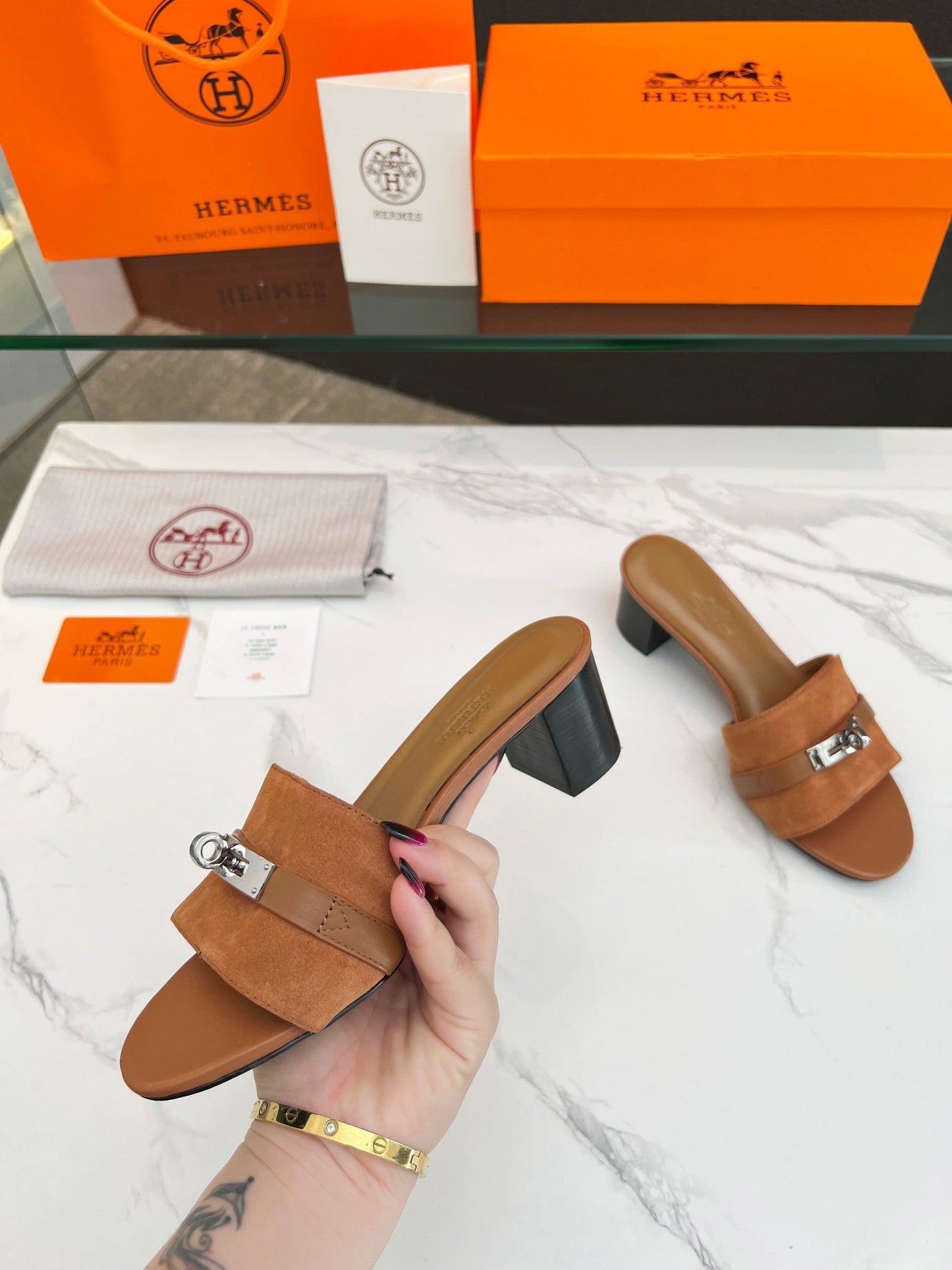 Gigi 50 Sandal Tan Suede Tan Calfskin