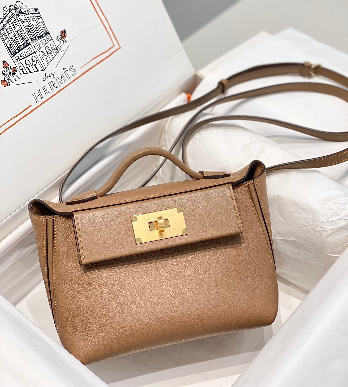 HM Mini 24 Sur 24 Bag 21cm Brown Swift Cowhide Gold Hardware 250274