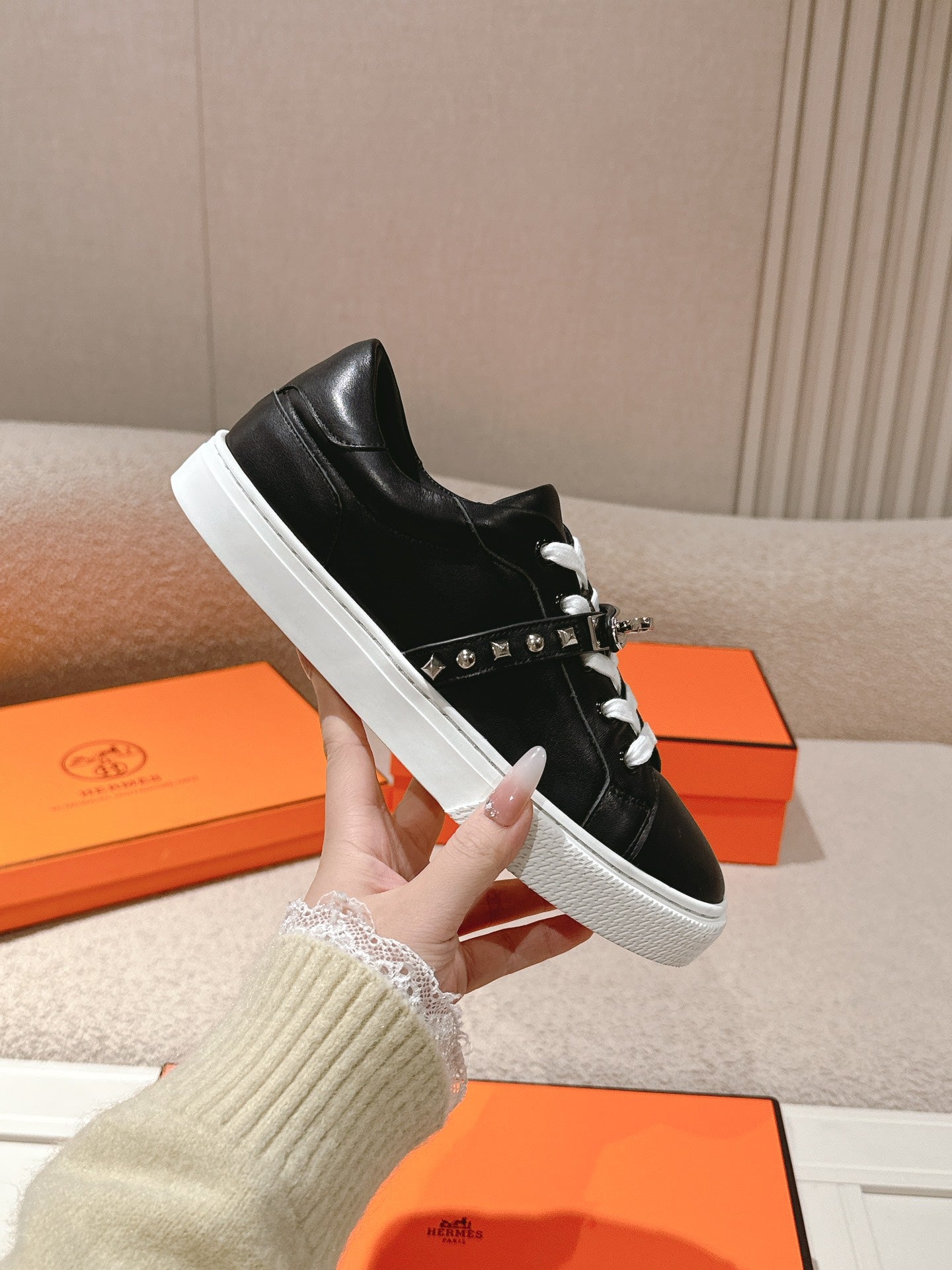 HM Day Sneakers Studs Black White Calfskin 577508