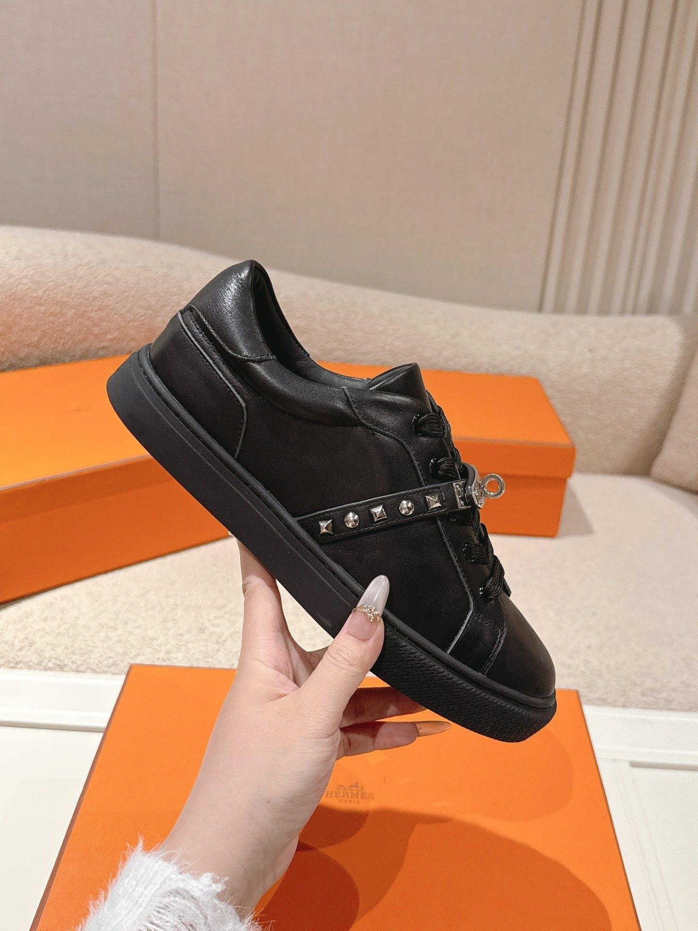 HM Day Sneakers Studs Black Calfskin 577509