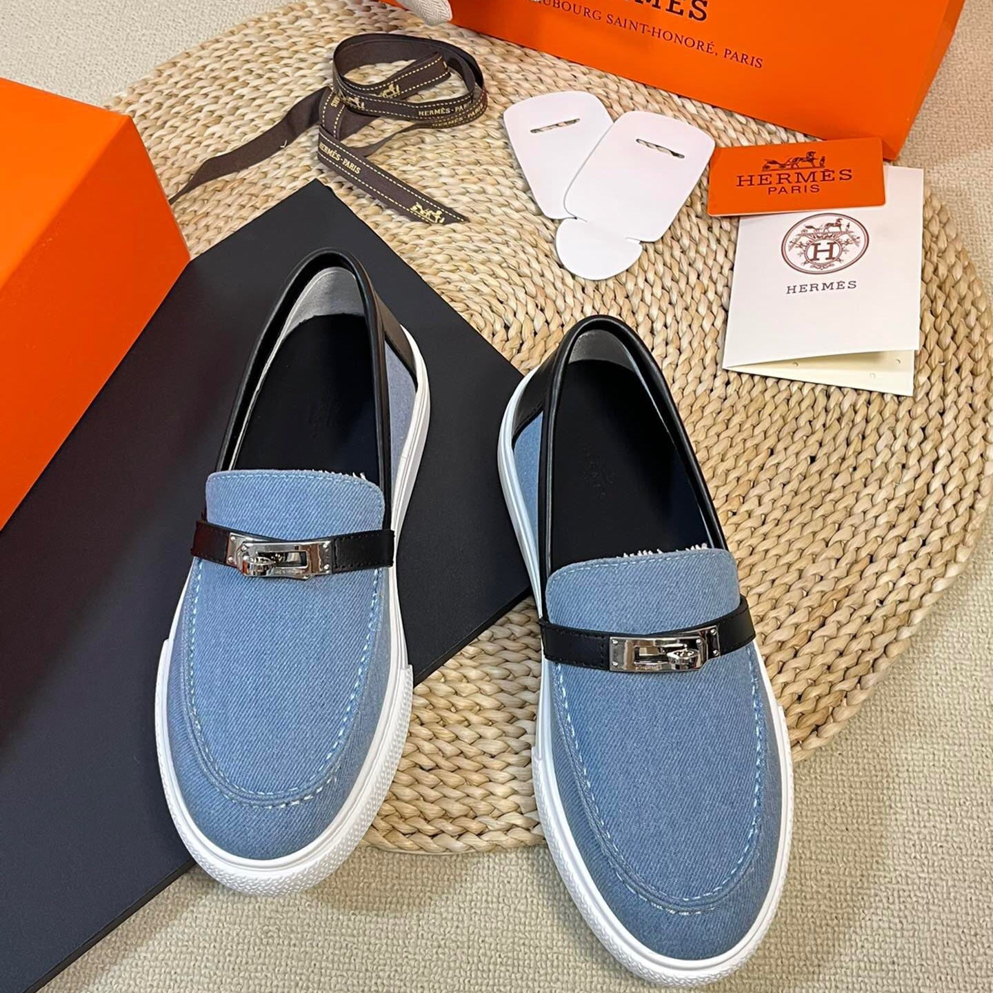 HM Denim Loafer Blue Black Cowhide Cloth 317049