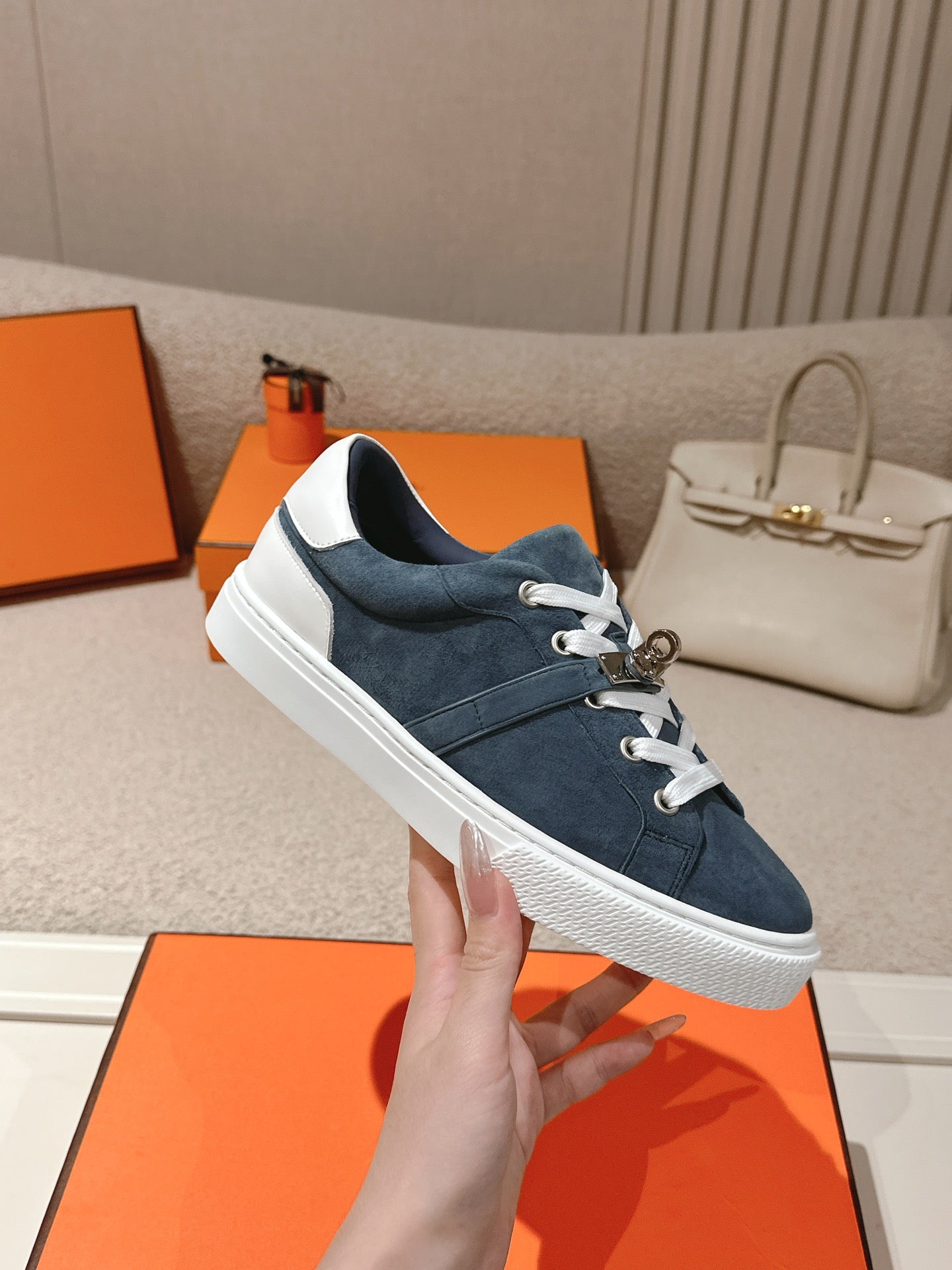 HM Day Sneakers White Dark Blue Suede Calfskin 577510