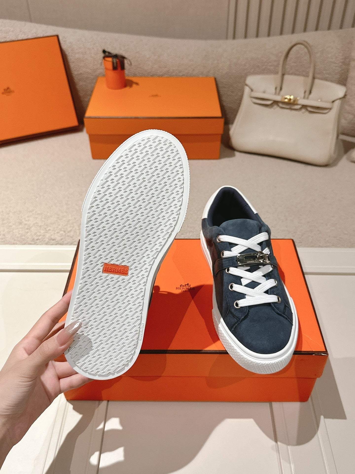 HM Day Sneakers White Dark Blue Suede Calfskin 577510