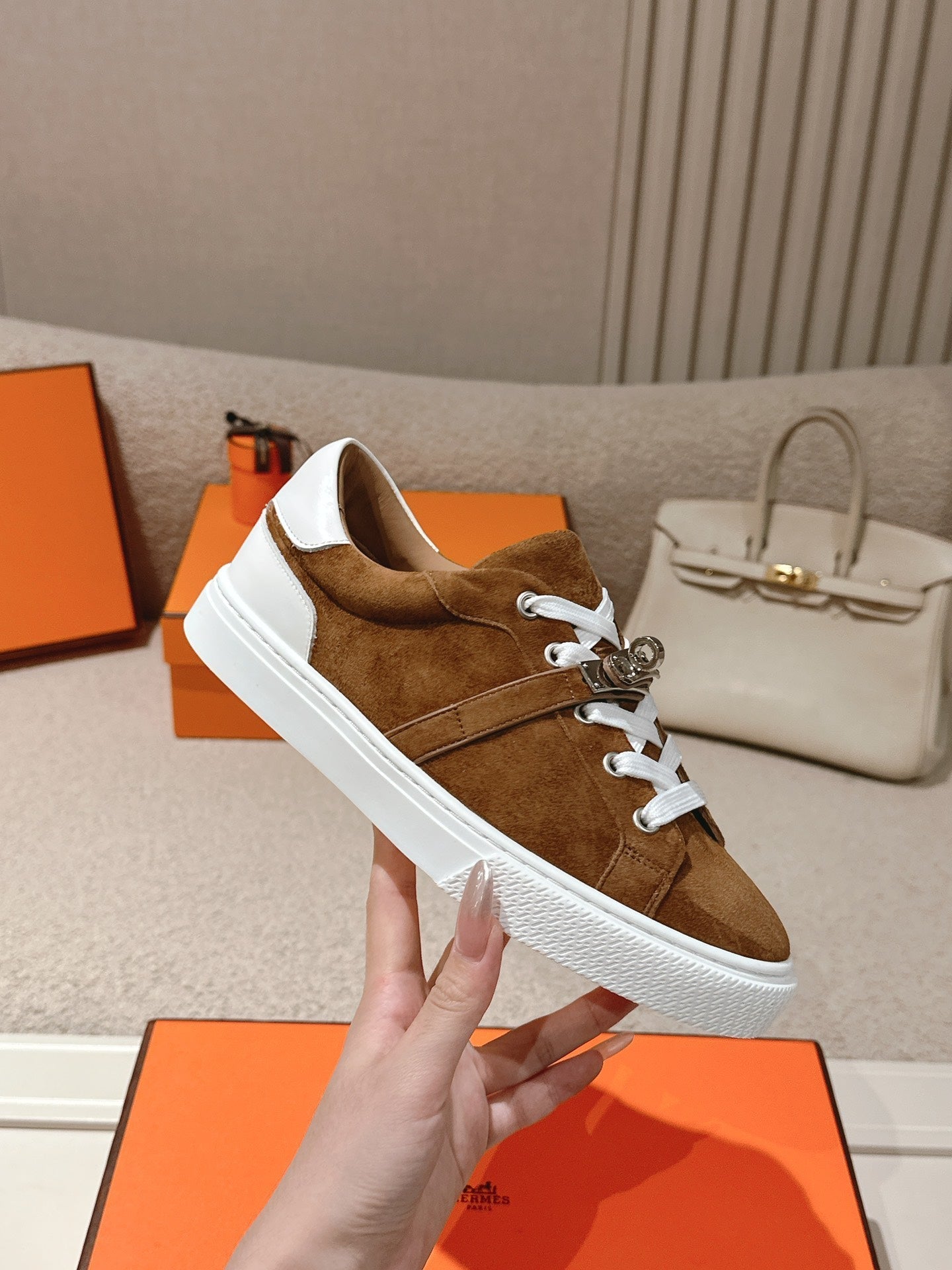 HM Day Sneakers White Dark Brown Suede Calfskin 577511
