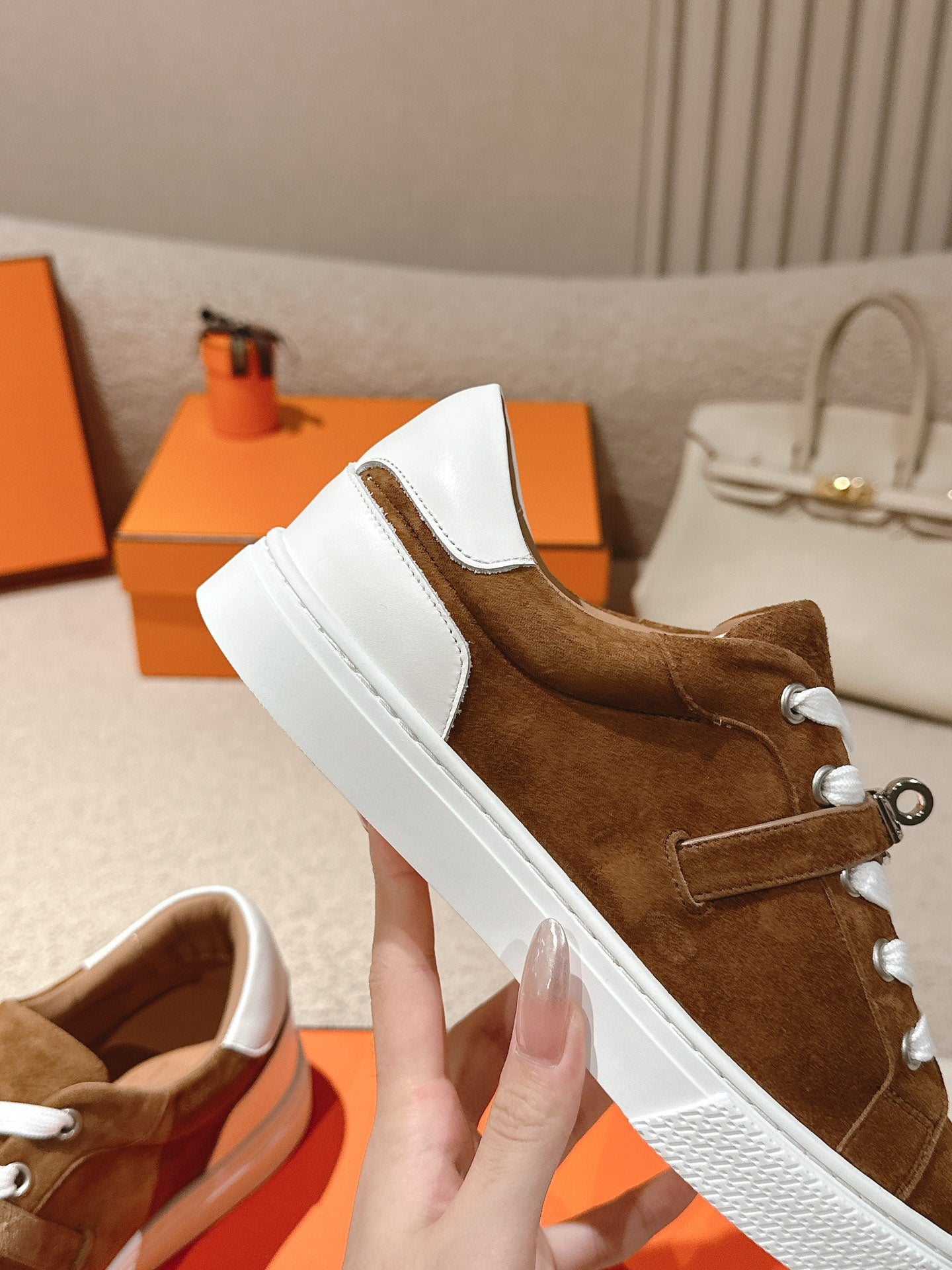 HM Day Sneakers White Dark Brown Suede Calfskin 577511