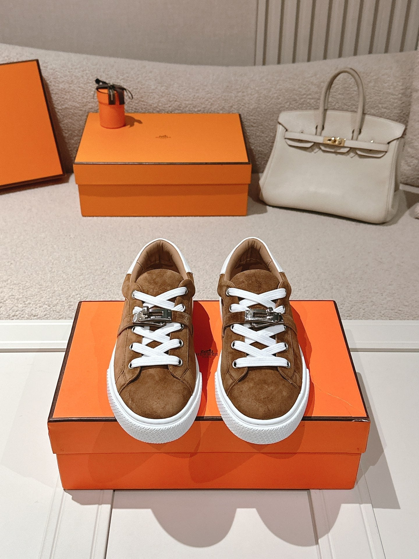 HM Day Sneakers White Dark Brown Suede Calfskin 577511