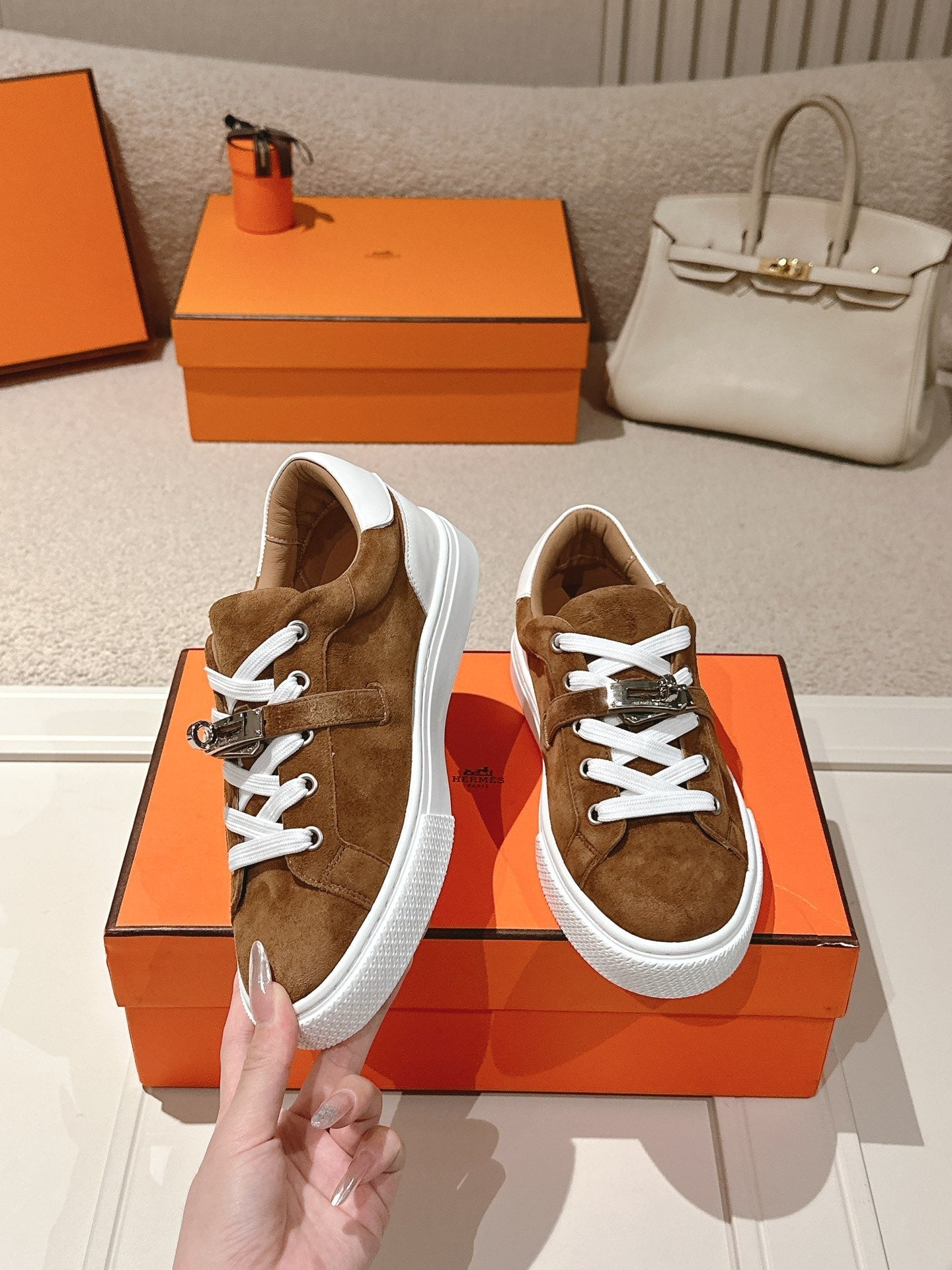 HM Day Sneakers White Dark Brown Suede Calfskin 577511