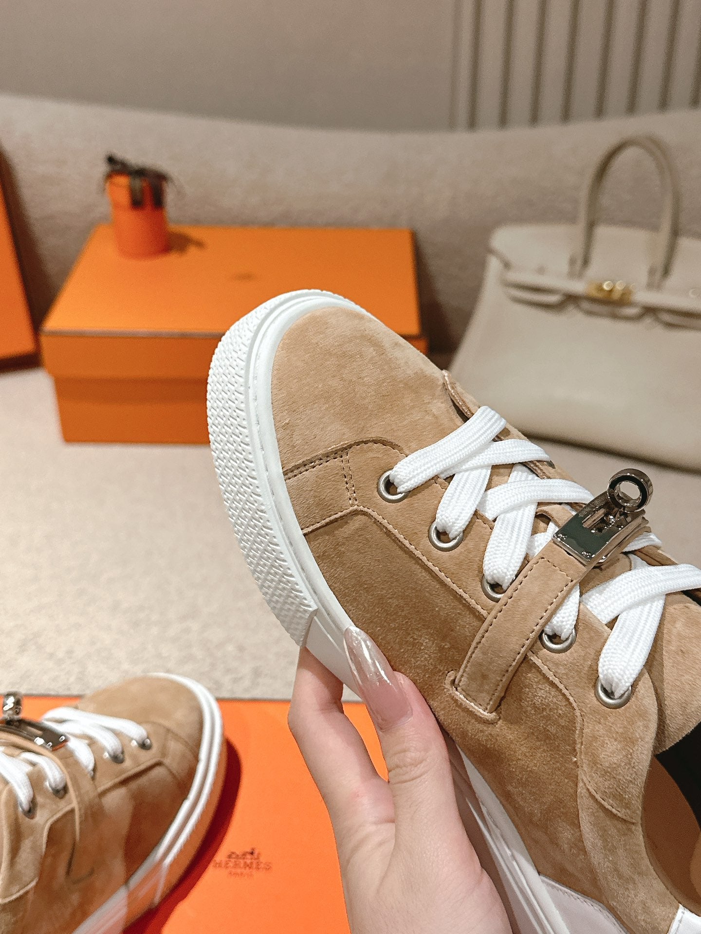 HM Day Sneakers White Brown Suede Calfskin 577512