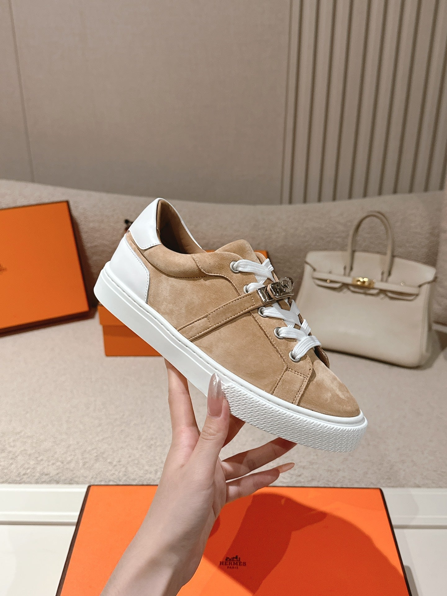 HM Day Sneakers White Brown Suede Calfskin 577512