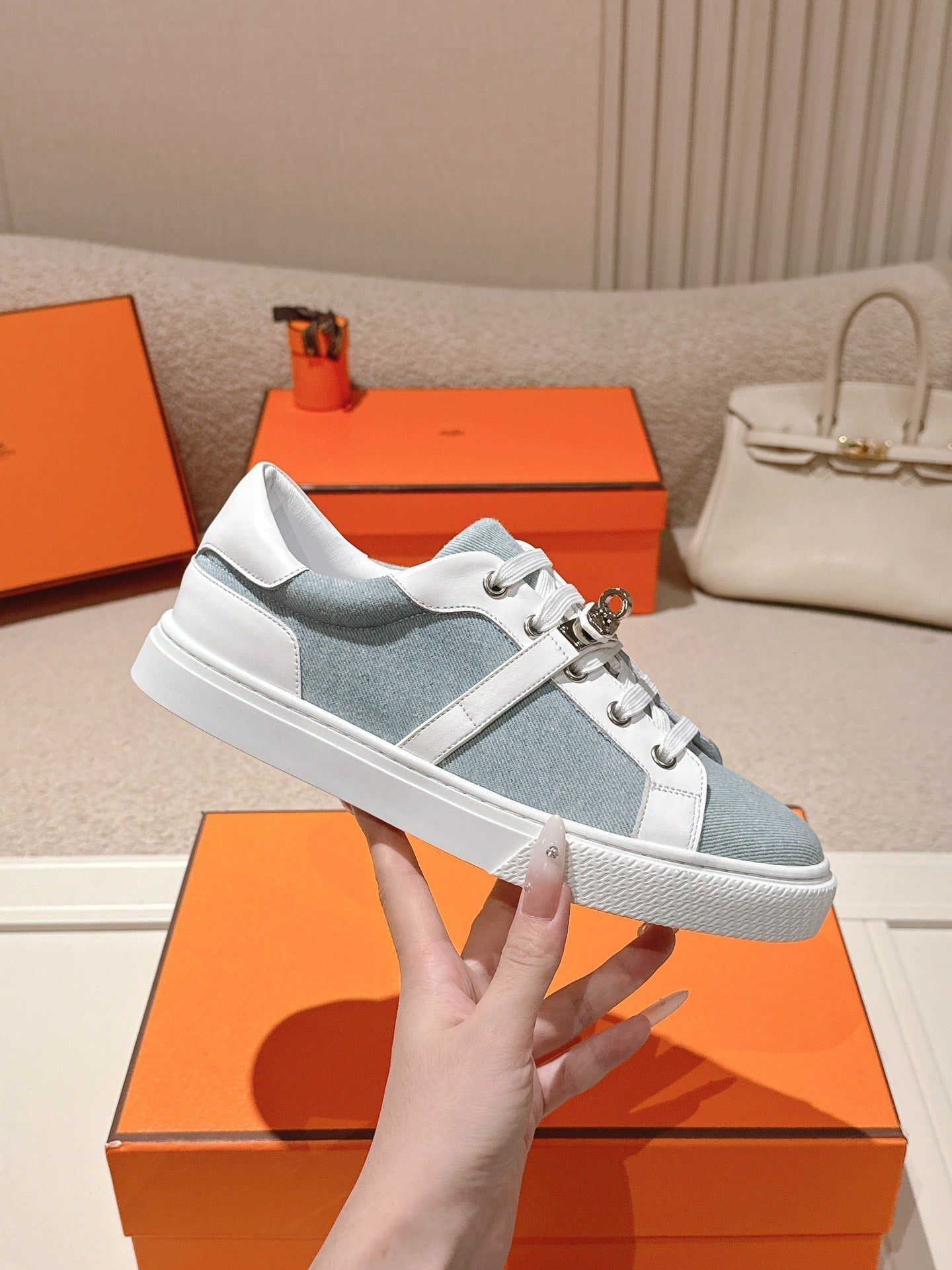 HM Day Sneakers White Calfskin Denim 577518