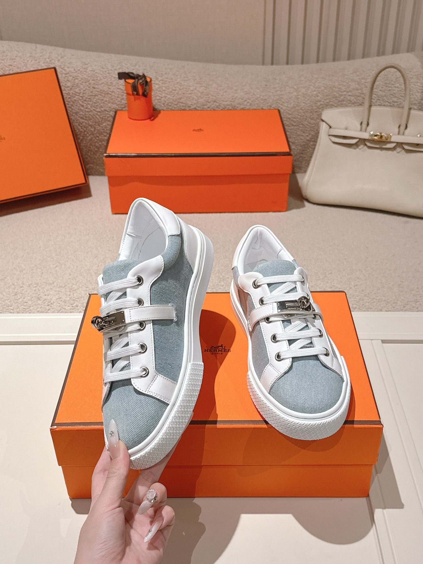 HM Day Sneakers White Calfskin Denim 577518
