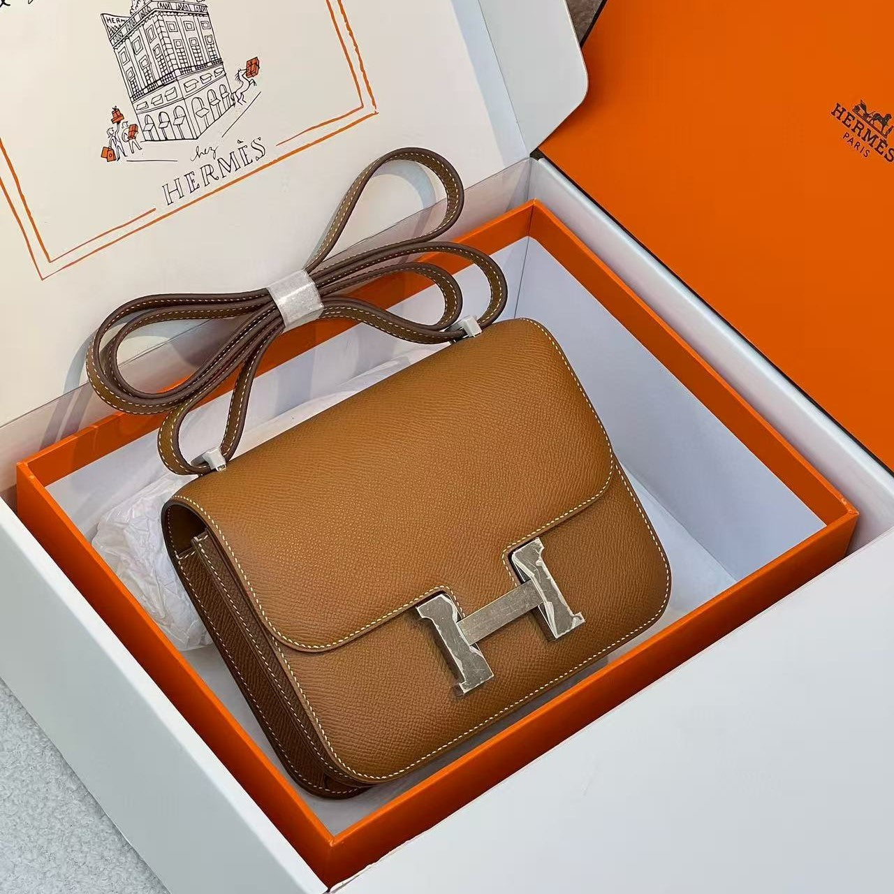 HM CONSTANCE BAGS 22 RUSSET EPSOM SLIVER HARDWARE