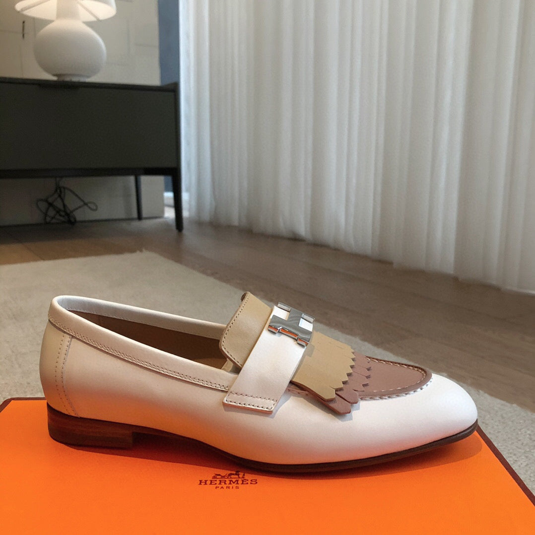 Royal Loafer White Mix Beige Perlino Mix Beige Goatskin With Fringe Detail And Signature Paris Buckle