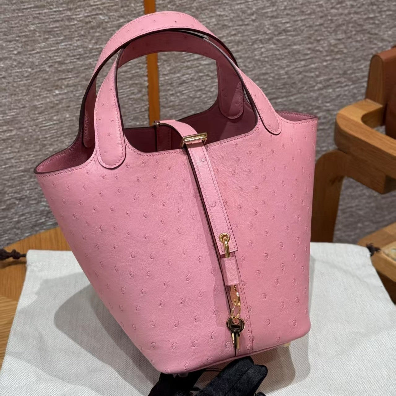 Picotin Lock Pink Ostrich Gold Hardware