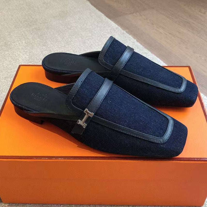 Hermès Pre-Owned Logo-buckle Loafers Blue Black Denim Leather